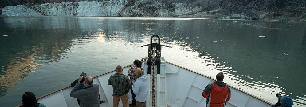 View Glaciers from the bow of the Wilderness Adventurer, by Uncruise