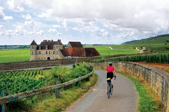 Woman biking through French countryside