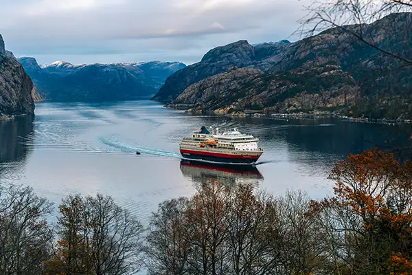 Expedition Ship Sailing Through Trollfjord in Norway (c)Hurtigruten